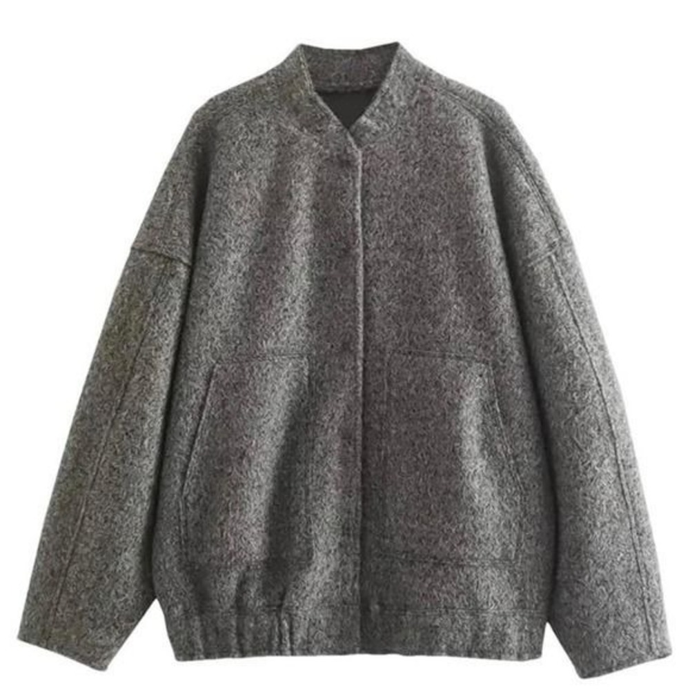 Grey Boucle Bomber Jacket Snap Front Women's Sz Small